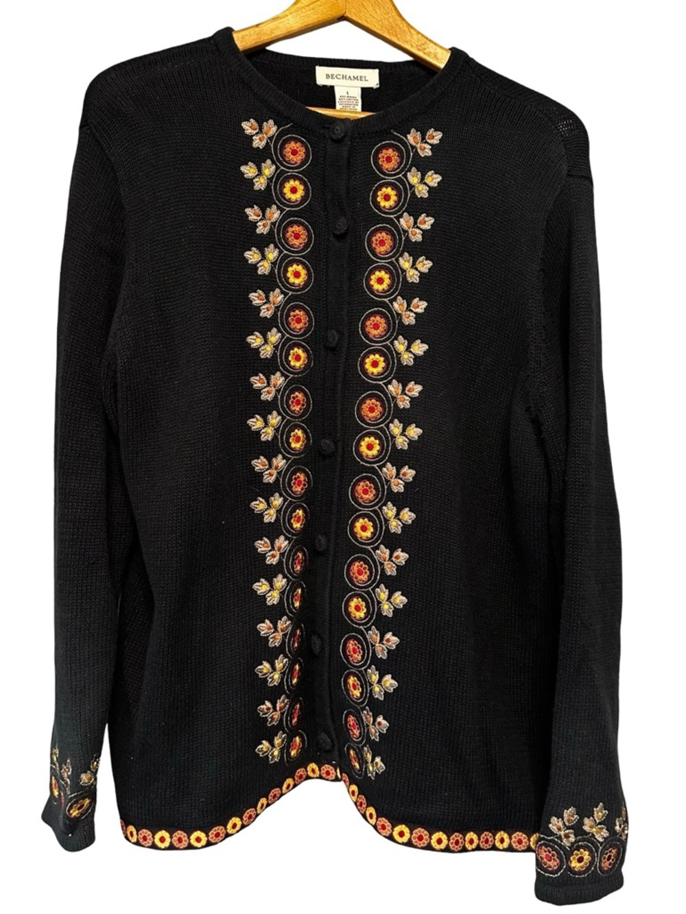 VTG Bechamel Black Embroidered Cardigan Large Sweater Floral Boho Button Front